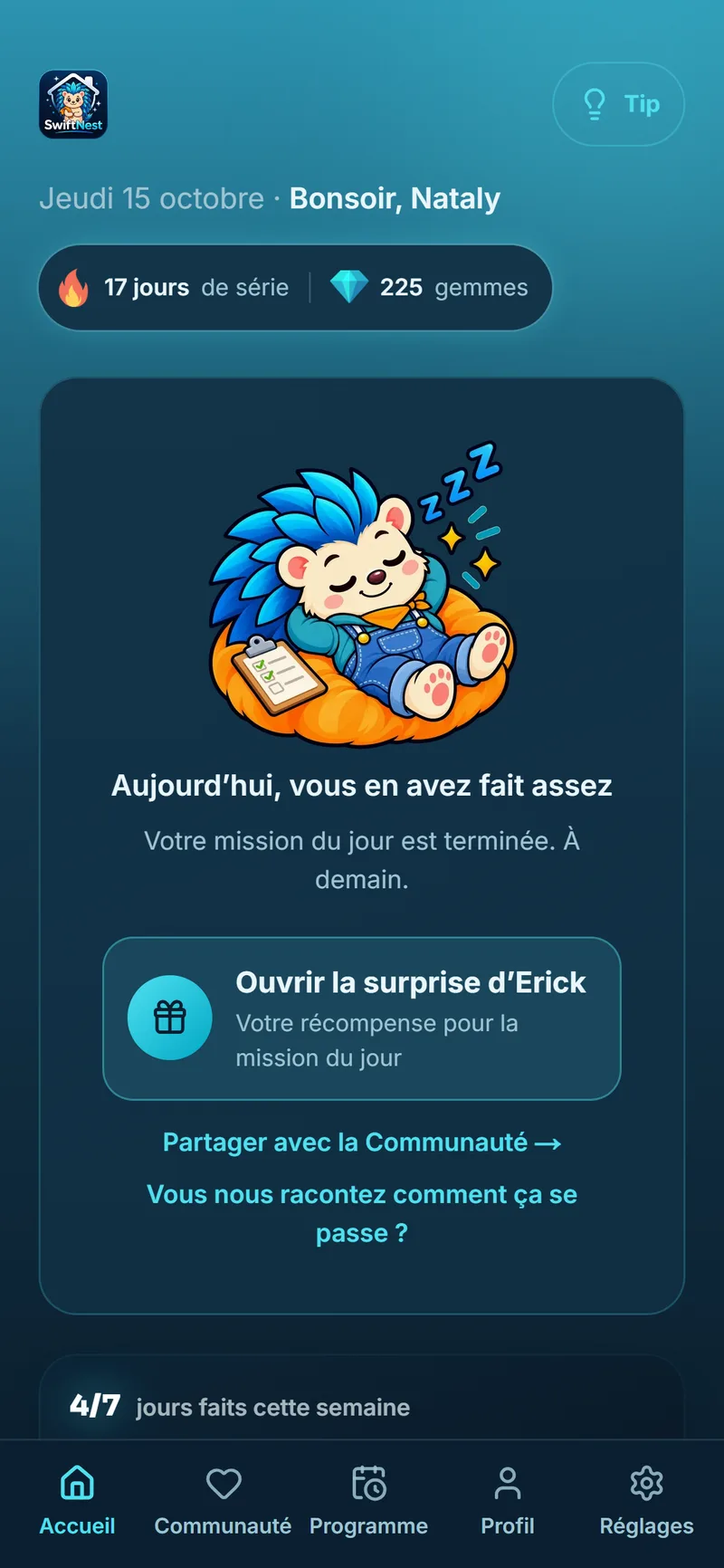 SwiftNest avec la mission du jour terminée et Erick qui se repose