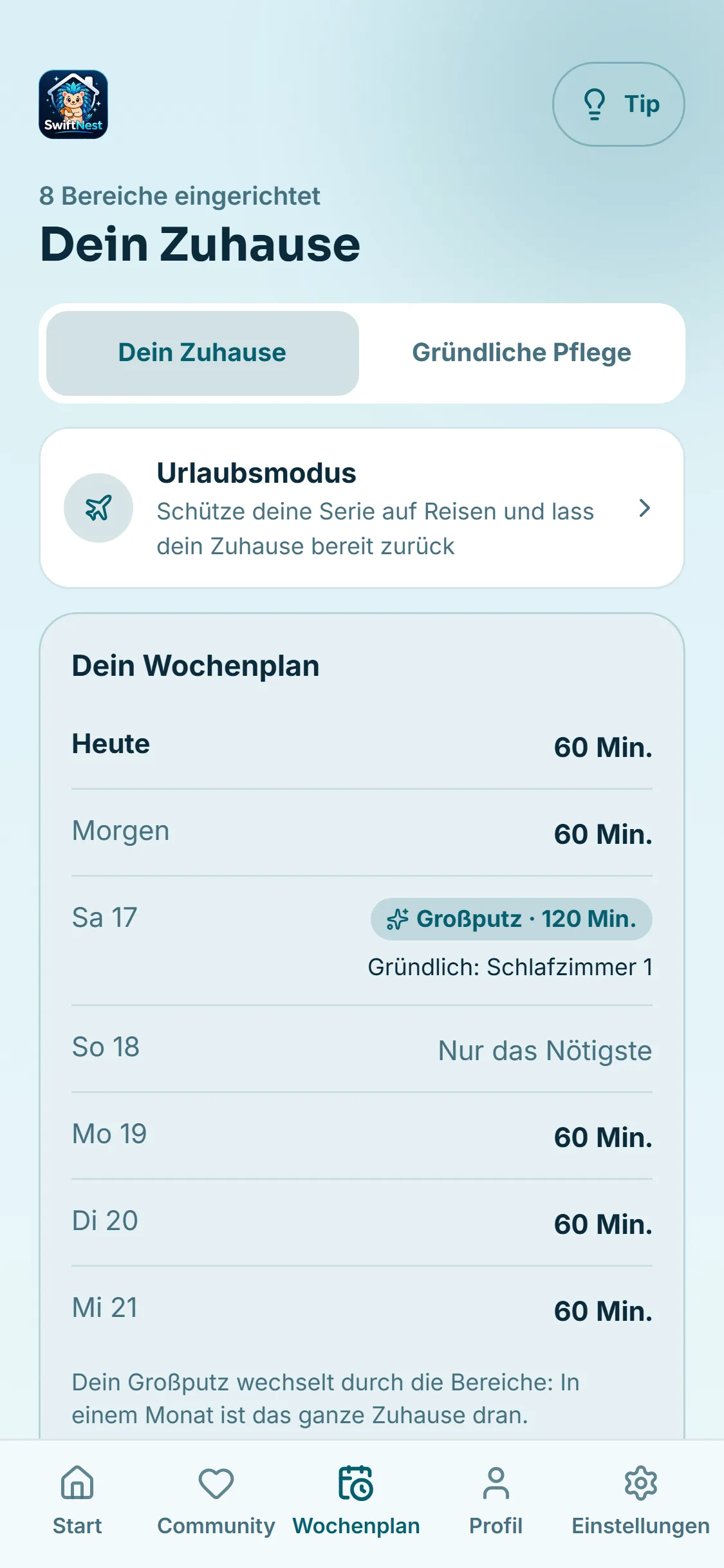 Deine Woche, mit dem gründlichen Putzen nach Bereich