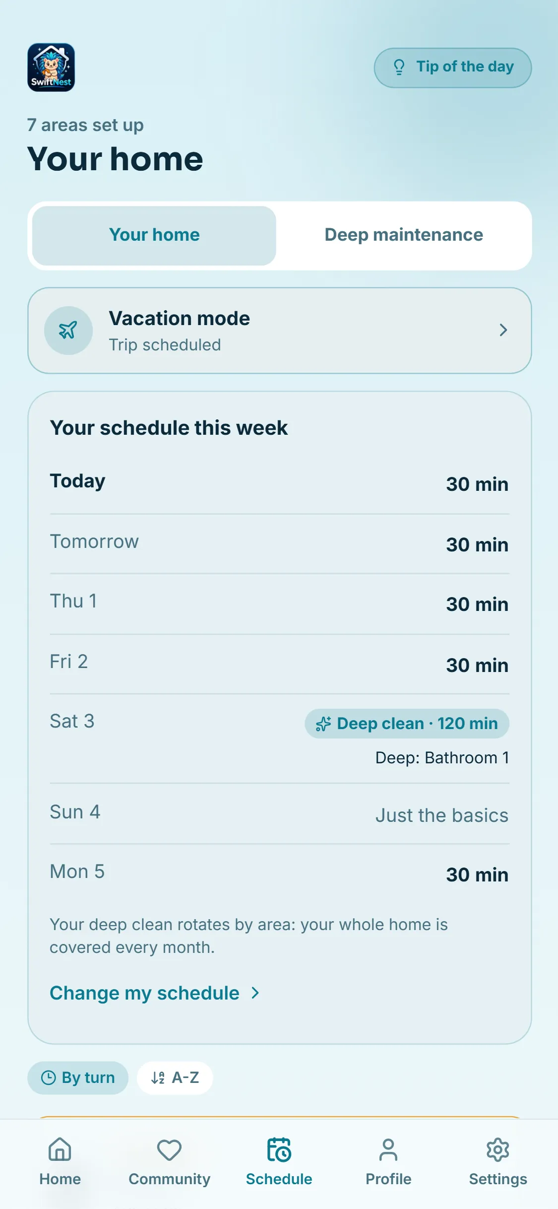 Your week, with your deep clean by area