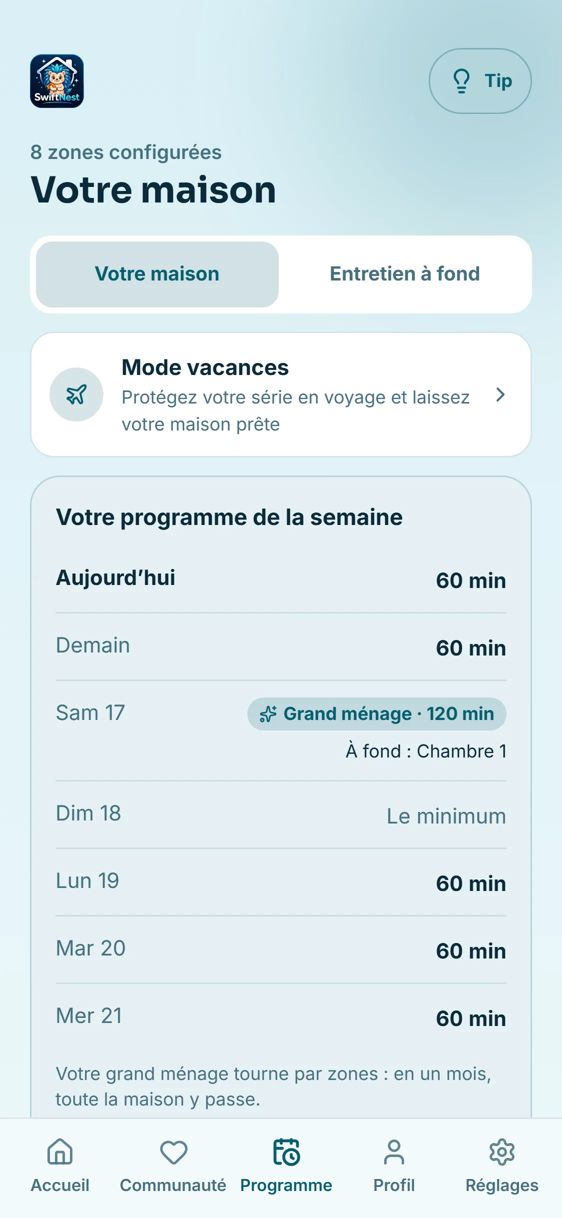 Votre semaine, avec le grand ménage par zone